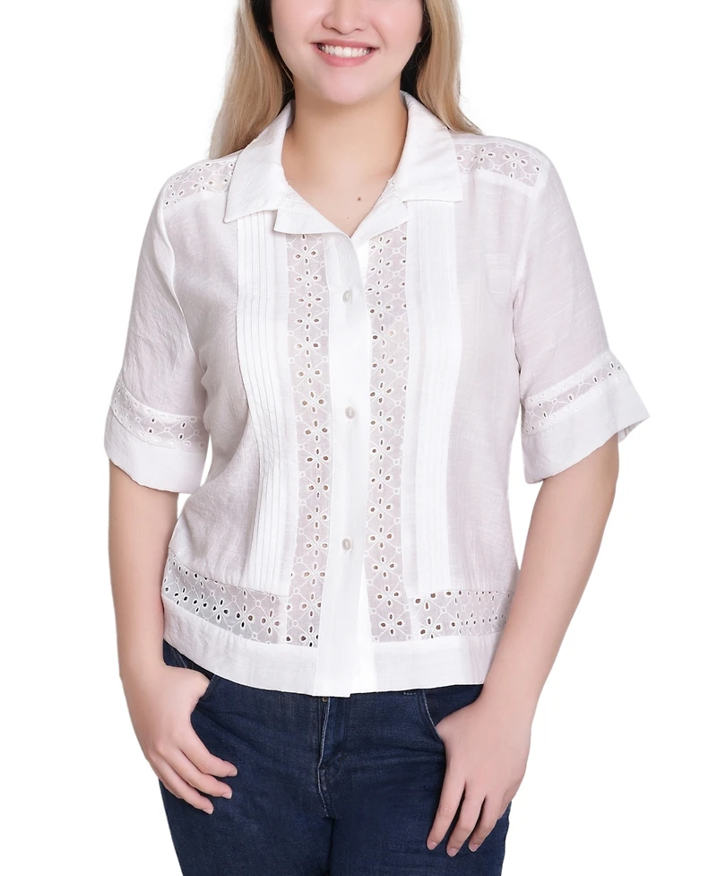 Ny Collection Petite Short sleeve Eyelet Collared Top