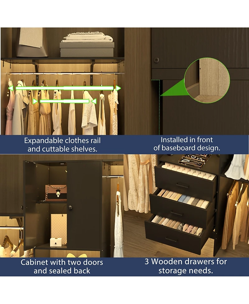 Aheaplus 10FT Closet System with 3 Drawers, 120'' Walk-in Organizer Shelving Towers and Hanging Rods