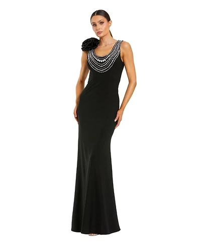 Mac Duggal Women's Elegant Beaded Scoop Neck Jersey with 3D Flower Gown