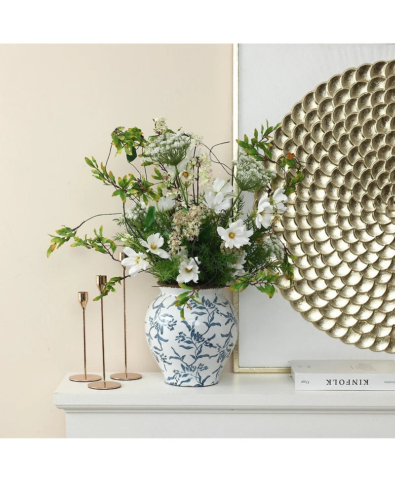 LuxenHome Handmade Blue Floral Wide-Mouth Waterproof Ceramic Vase, 9.25" Round Indoor Home Decor