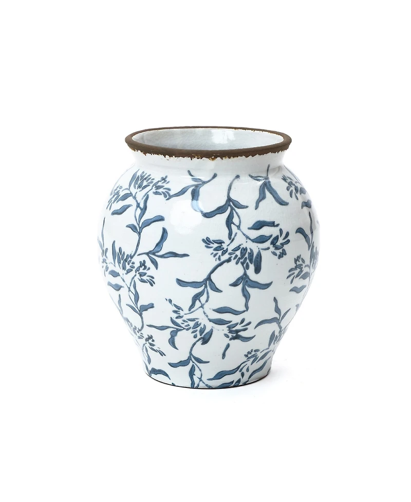 LuxenHome Handmade Blue Floral Wide-Mouth Waterproof Ceramic Vase, 9.25" Round Indoor Home Decor