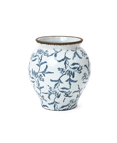 LuxenHome Handmade Blue Floral Wide-Mouth Waterproof Ceramic Vase, 9.25" Round Indoor Home Decor