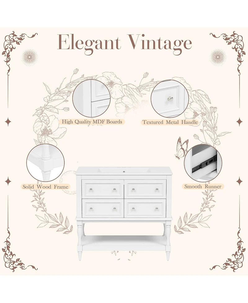 36inch Bathroom Vanity Cabinet with 4 Drawers Solid Wood Frame Bathroom Cabinet White