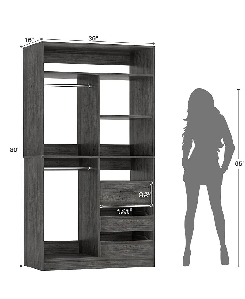 36'' Freestanding Walk-in Closet Organizer System with 3 Drawers, Heavy Duty 2 Hanging Rods & Shelves