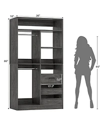 36'' Freestanding Walk-in Closet Organizer System with 3 Drawers, Heavy Duty 2 Hanging Rods & Shelves