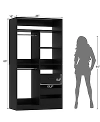 36'' Freestanding Walk-in Closet Organizer System with 3 Drawers, Heavy Duty 2 Hanging Rods & Shelves