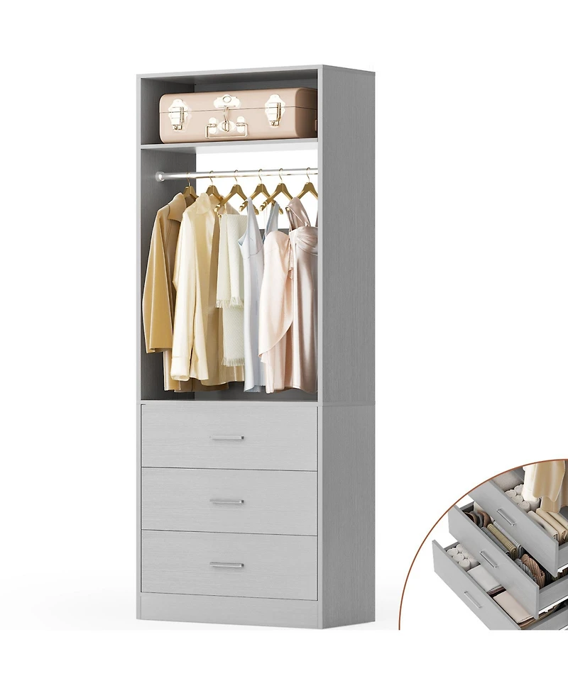 Freestanding 2FT Closet System with 3 Wooden Drawers, 24'' Organizer Hanging Rod & Shelves