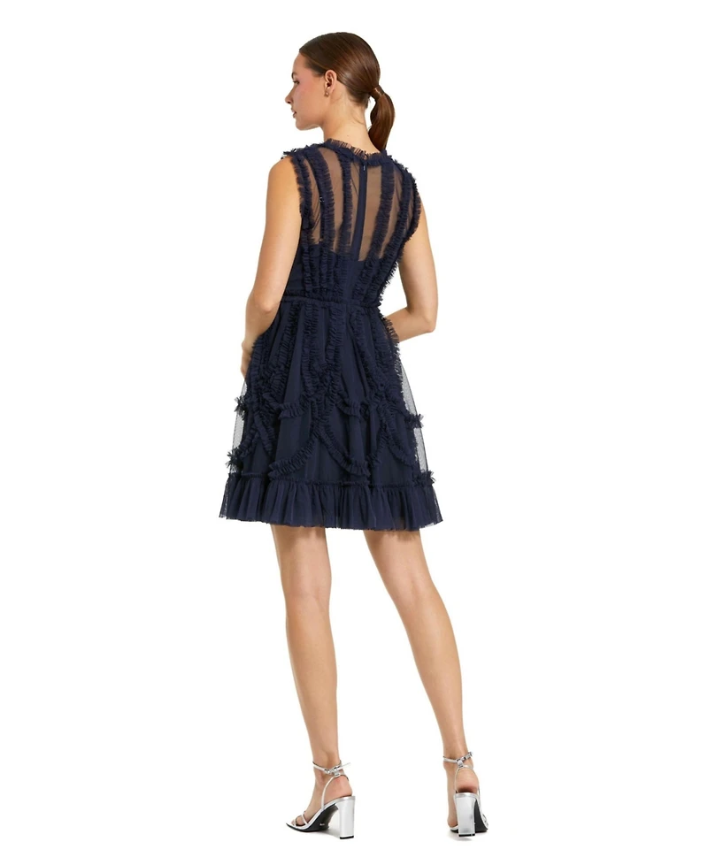 Mac Duggal Women's Mesh Micro Ruffle High Neck Mini Dress