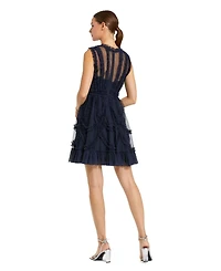 Mac Duggal Women's Mesh Micro Ruffle High Neck Mini Dress