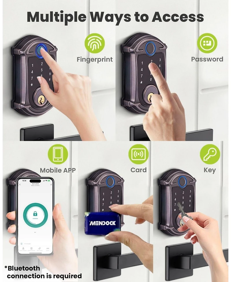 Keyless-Entry Deadbolt Smart Lock with Fingerprint, Keypad, Key Fob, Smartphone Bluetooth Control, Auto-Lock, IP56 Waterproof, Venetian Bronze