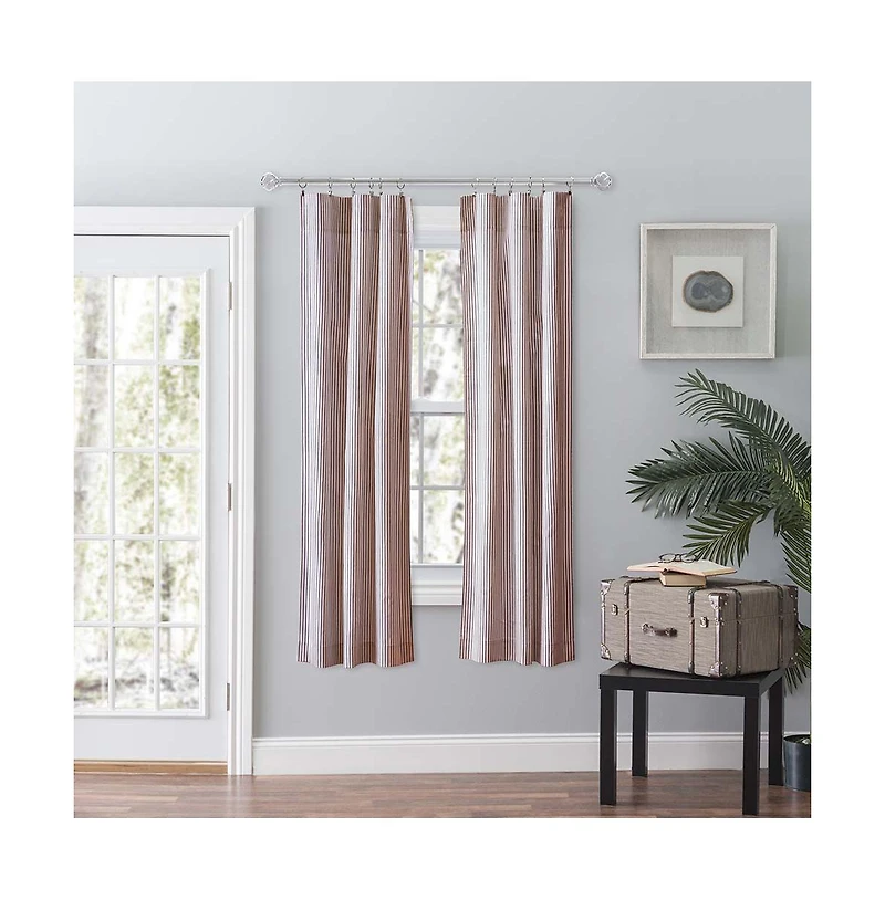 Ellis Curtain Plaza Classic Ticking Stripe Printed on Natural Ground Tailored Panel Pair with Tiebacks 56" x 63" Brick