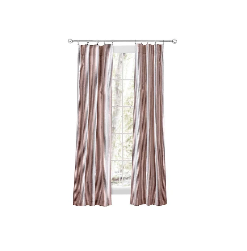 Ellis Curtain Plaza Classic Ticking Stripe Printed on Natural Ground Tailored Panel Pair with Tiebacks 56" x 84" Brick
