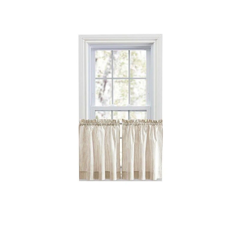 Ellis Curtain Plaza Classic Ticking Stripe Printed 1.5" Rod Pocket Tailored Tiers 56" x 36" Tan