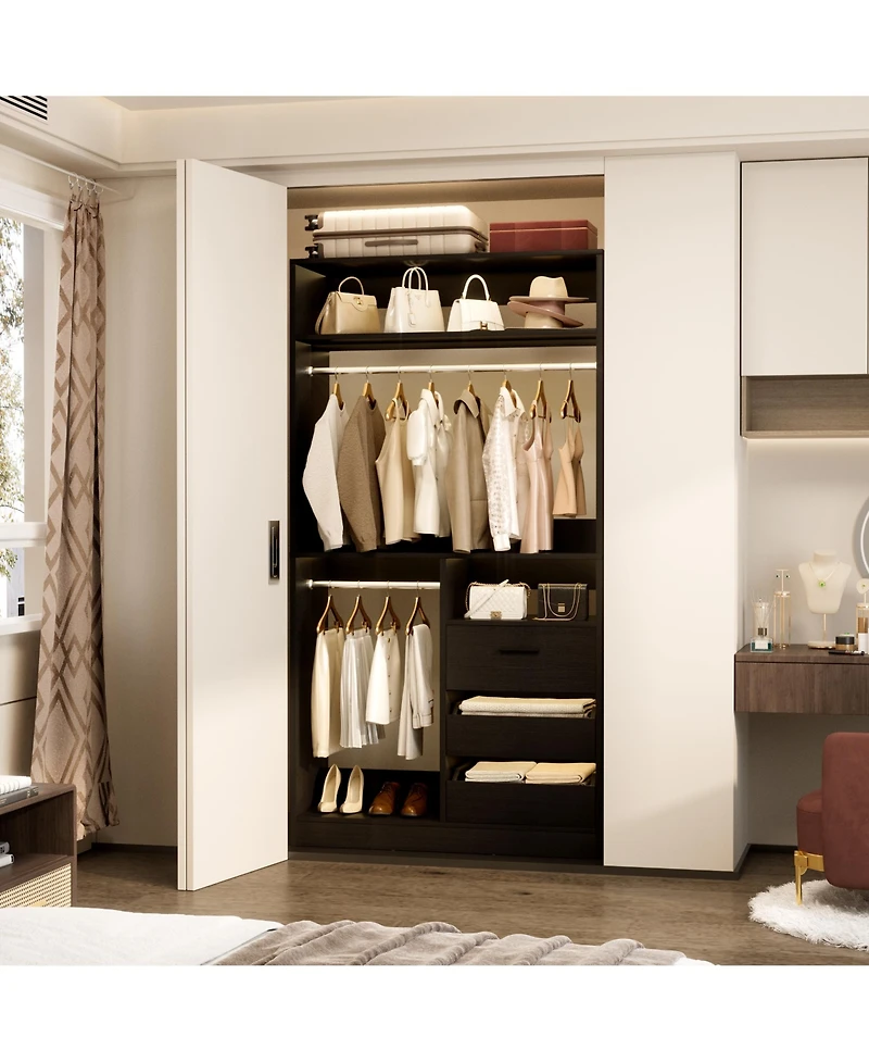 3FT Heavy Duty Closet System, 36'' Free Standing Organizer with 3 Drawers, 2 Hanging Rods and Shelves