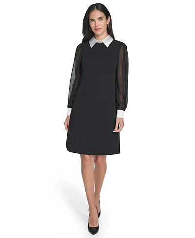Jessica Howard Women's Combo Bishop Sleeve Shirt Collar with Bow Sheath Dress