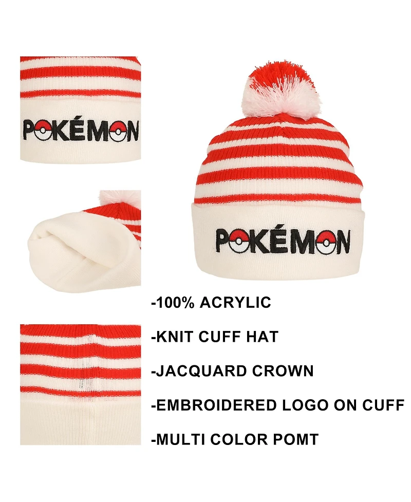 Pokemon Men's Pokeball Plush Pom, Red And White Stripes Cuff Beanie