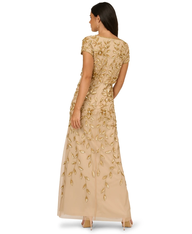 Adrianna Papell Women's Boat-Neck Blouson Beaded Gown