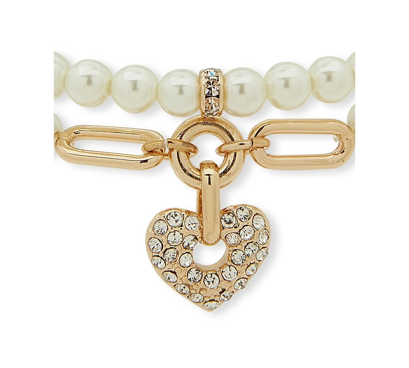 Anne Klein Imitation Pearl 2-Row Heart Stretch Bracelet