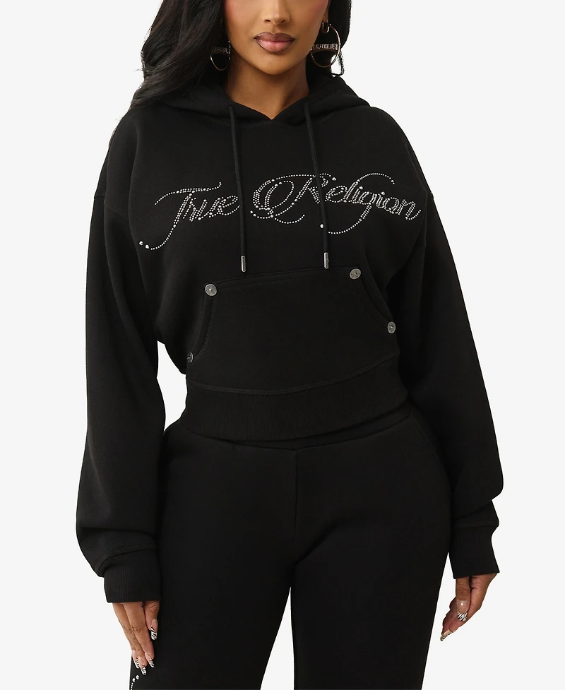 True Religion Women's Cropped Crystal Relaxed Sweatshirt