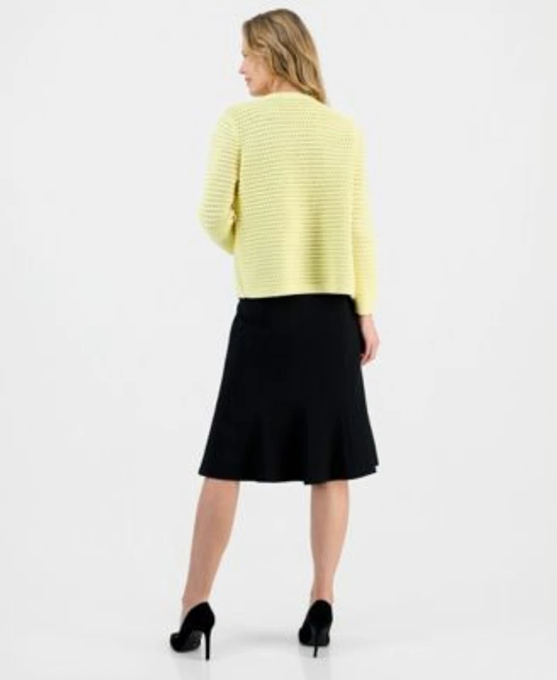 Kasper Womens Textured Stitch Button Front Cardigan Printed Satin Sleeveless Blouse Core Julia Stretch Crepe A Line Skirt