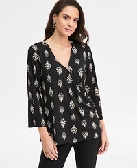 Jm Collection Womens Printed 3 4 Sleeve Surplice Top Macys Exclusive