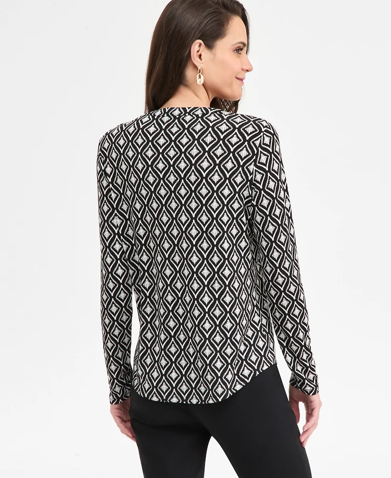 Jm Collection Petite Chloe Tile Long-Sleeve Zipper V-Neck Top, Macy's Exclusive
