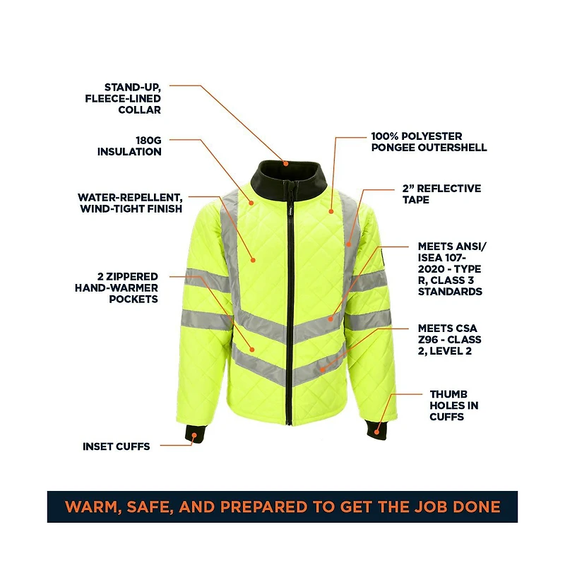 RefrigiWear Big & Tall HiVis Diamond Quilted Jacket - High-Visibility Insulated Work Jacket, Reflective Safety Outerwear