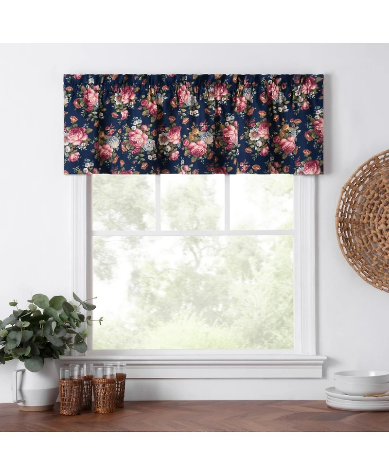 Ellis Bella Rose Stylish Medium Scale Printed Floral Pattern 1.5" Rod Pocket Tailored Valance 58"x15" Navy