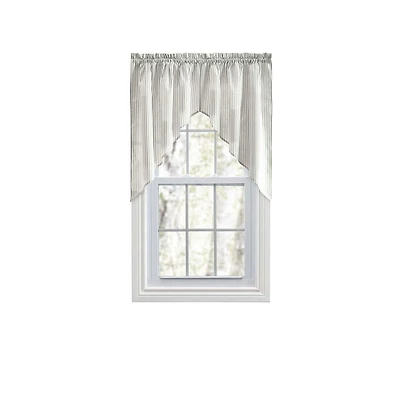 Ellis Curtain Plaza Classic Ticking Stripe Printed on 1.5" Rod Pocket Natural Ground Tailored Swag 56" x 36" Sage