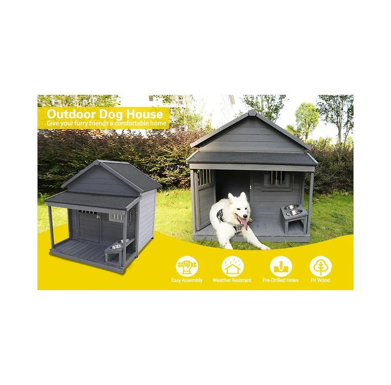 Aostirmotor 44.2 in. W x 44.6 in, D x 44.6 in. H Large Weatherproof Doghouse with Large Terrace, Wooden doors that can be Locked