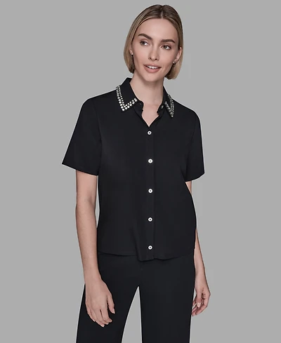 Karl Lagerfeld Paris Women's Sparkle Trim Knit Short-Sleeve Top