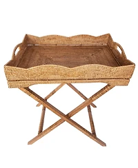 Artifacts Rattan Scallop Design Butler Tray with Wooden Legs