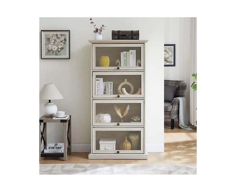 Casainc Glass Display Cabinet 4 Tier Storage Curio with Flip up Doors