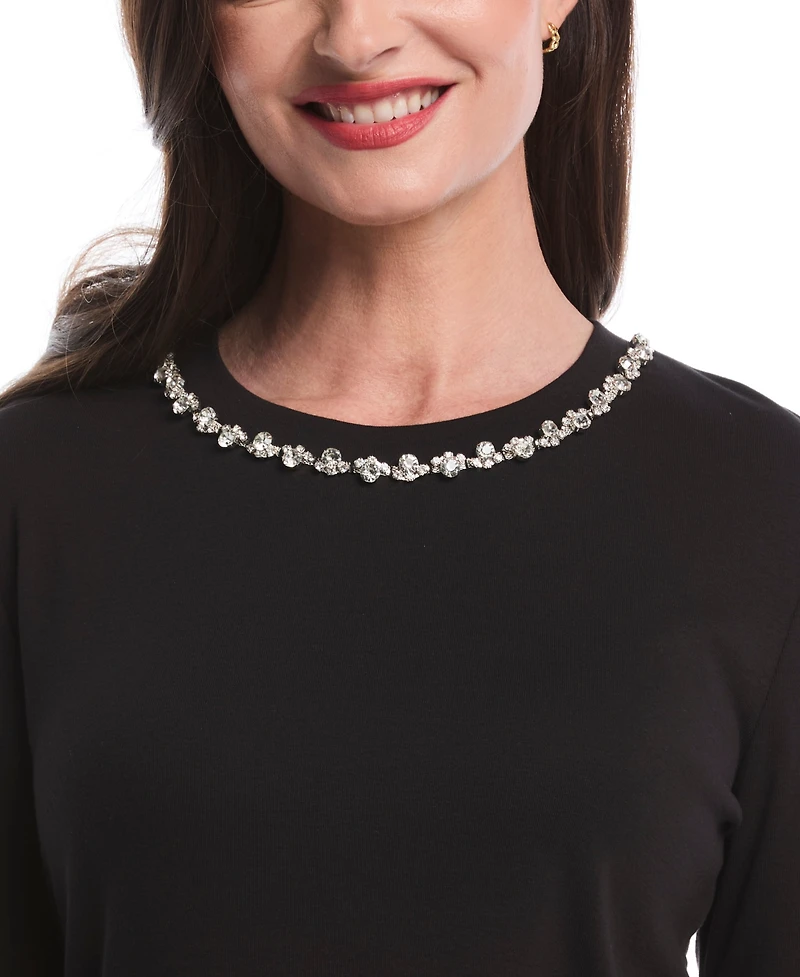 Rafaella Petite Embellished Neck Long Sleeve Top