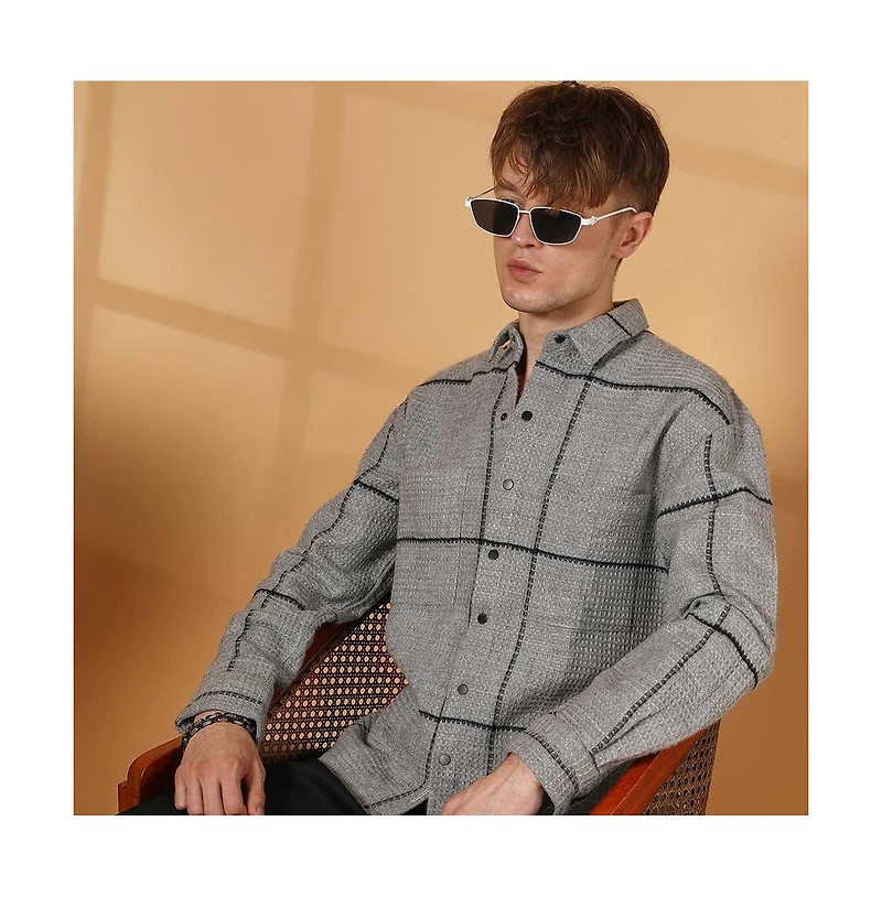 Campus Sutra Men's Moon Grey Graph-Check Waffle Overshirt