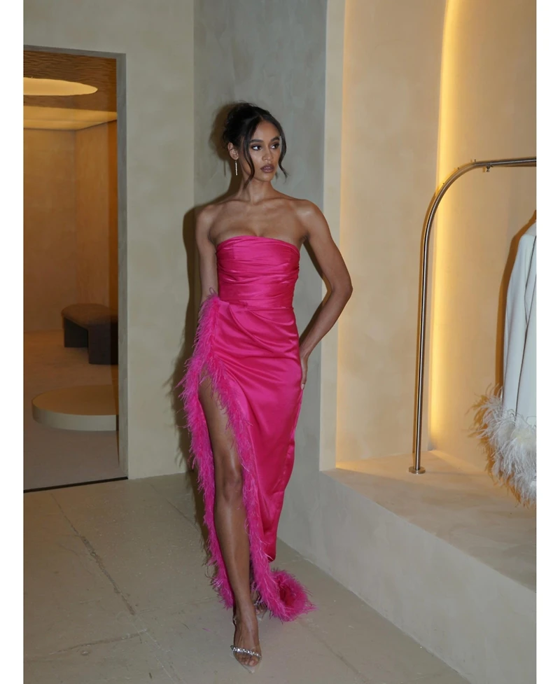Miss Circle Women's Perrin Fuchsia Pink Feather Dress High Slit Gown