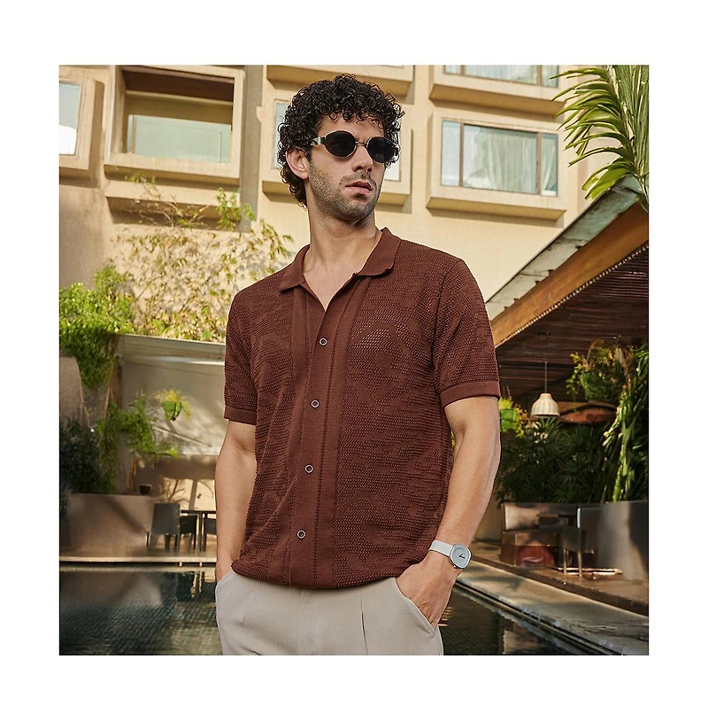 Campus Sutra Men's Russet Brown Fluid-Knit Polo Shirt