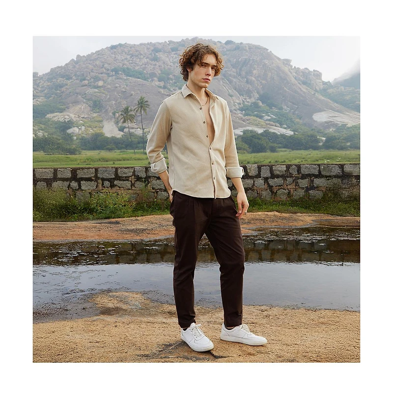 Campus Sutra Men's Saltbox Beige Solid Knit Shirt