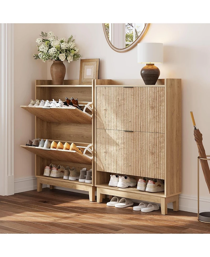 Tribesigns 31.5" Wide Narrow Entryway Cabinet,Shoe Cabinet with 2 Flip Drawers & Open Shelf