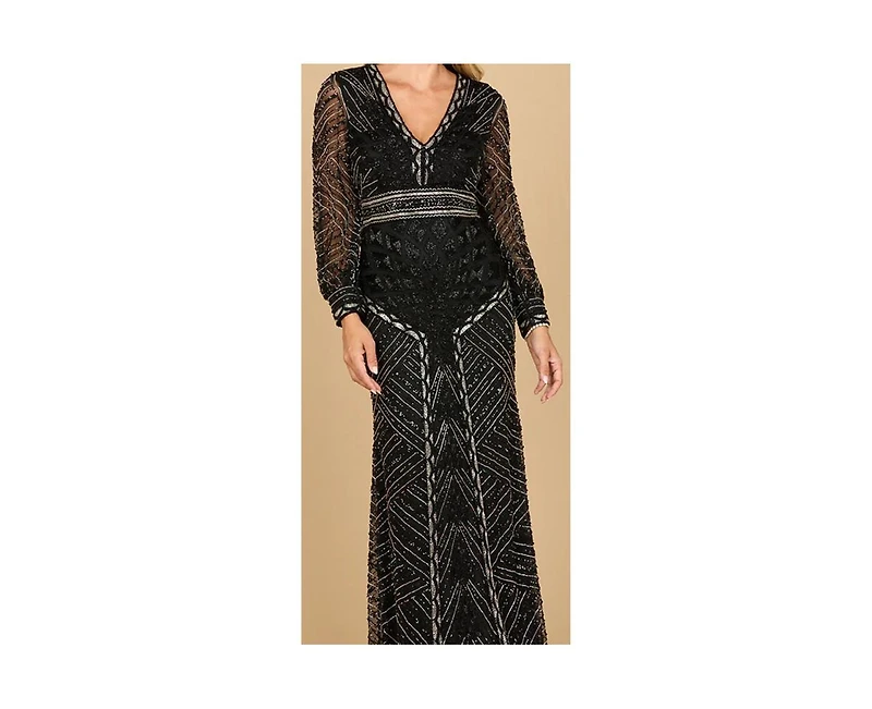 Lara Women's V Neck Beaded Long Sleeve Dress