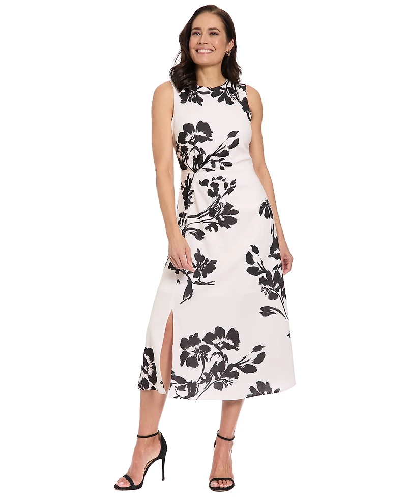London Times Petite Side Ruche Printed Midi Dress