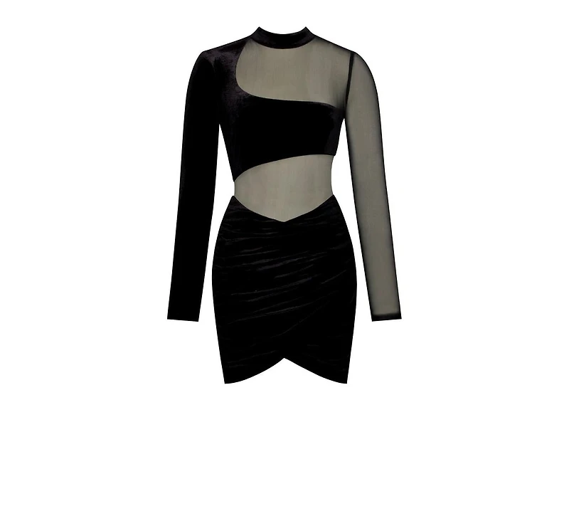 Miss Circle Women's Azalea Black Velvet Mesh Long Sleeve Dress