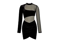 Miss Circle Women's Azalea Black Velvet Mesh Long Sleeve Dress