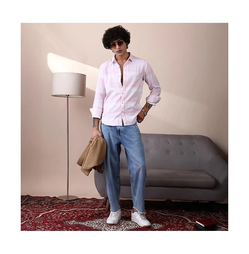 Campus Sutra Men's Rose Pink & Daisy White Velobrush-Tactile Shirt