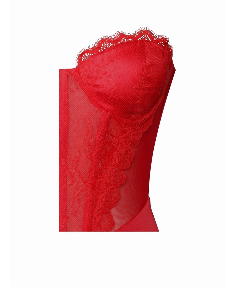 Miss Circle Women's Talia Red Satin Lace Corset Maxi Dress