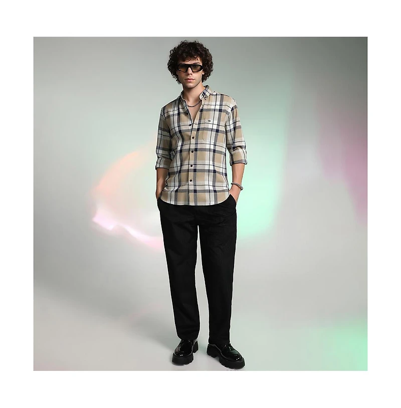 Campus Sutra Men's Sand Beige Shadow-Checkered Shirt