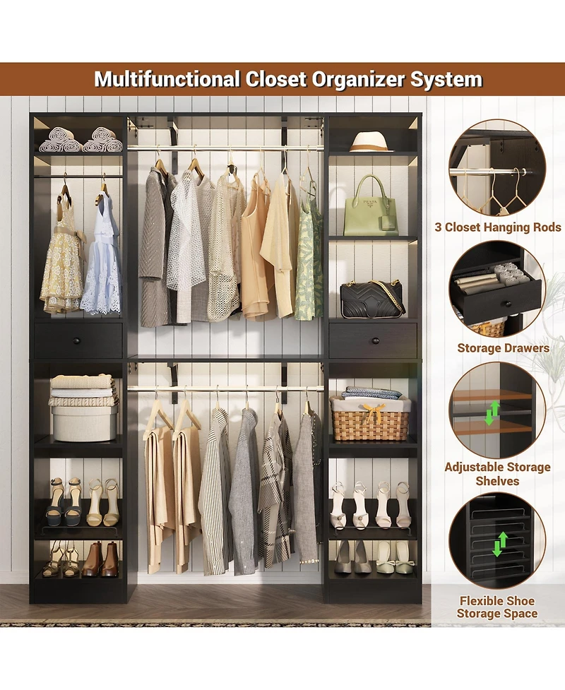 Aheaplus 58" - 90'' W Closet System with 2 Drawers, Large Walk-in Organizer 3 Hanging Rods and Shelves