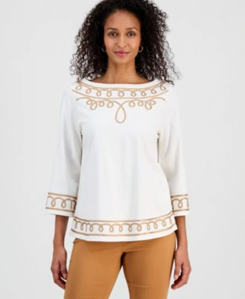 Jm Collection Womens Cotton Soutache 3 4 Sleeve Top Macys Exclusive