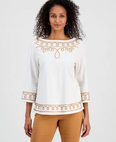 Jm Collection Womens Cotton Soutache 3 4 Sleeve Top Macys Exclusive