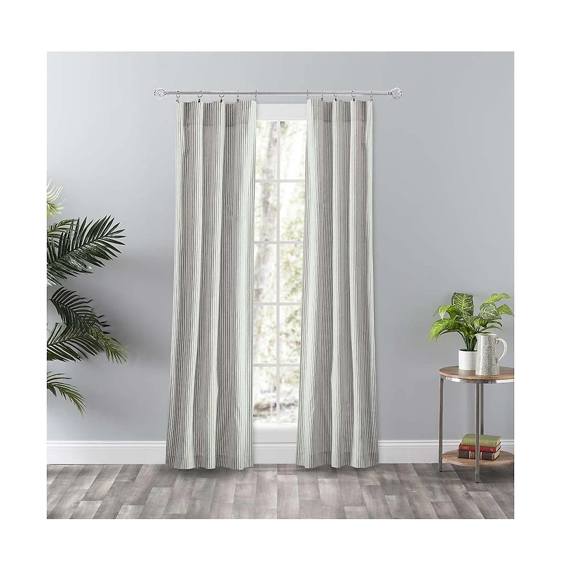 Ellis Curtain Plaza Classic Ticking Stripe Printed 3" Rod Pocket Tailored Panel Pair with Tiebacks 56" x Sage